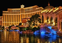 Looking across the lake at the Bellagio Casino and Hotel in Las Vegas, Nevada.